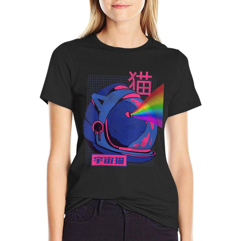 Womens Funny Anime Astronaut Space Cat Laser Eyes Kawaii Meme Retro  Trendy Pattern T-Shirt