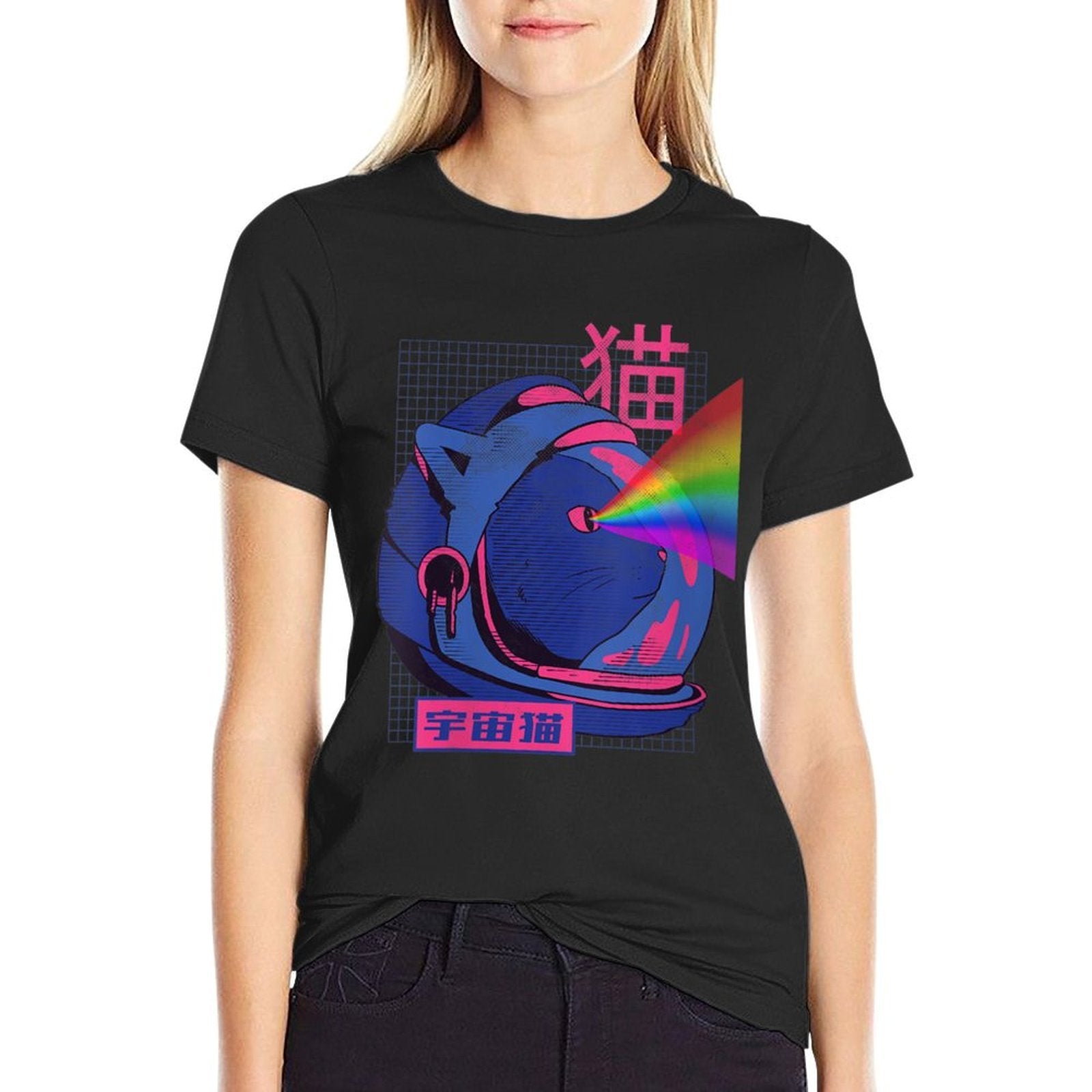 Womens Funny Anime Astronaut Space Cat Laser Eyes Kawaii Meme Retro  Trendy Pattern T-Shirt
