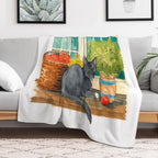 Black Cat on A Sunny Windowsill – Cozy Cottage Illustration Plush Throw Blanket