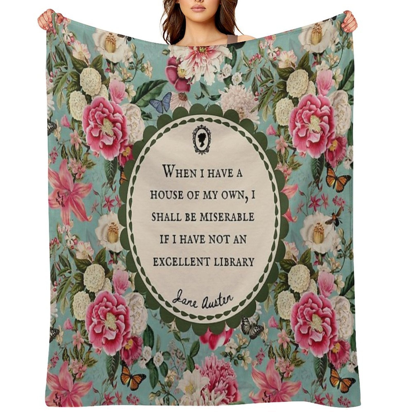 Jane Austen Library Quote, Literary, Bookish, Book Lover, Vintage Floral Flowers Multi-functional Throw Blanket