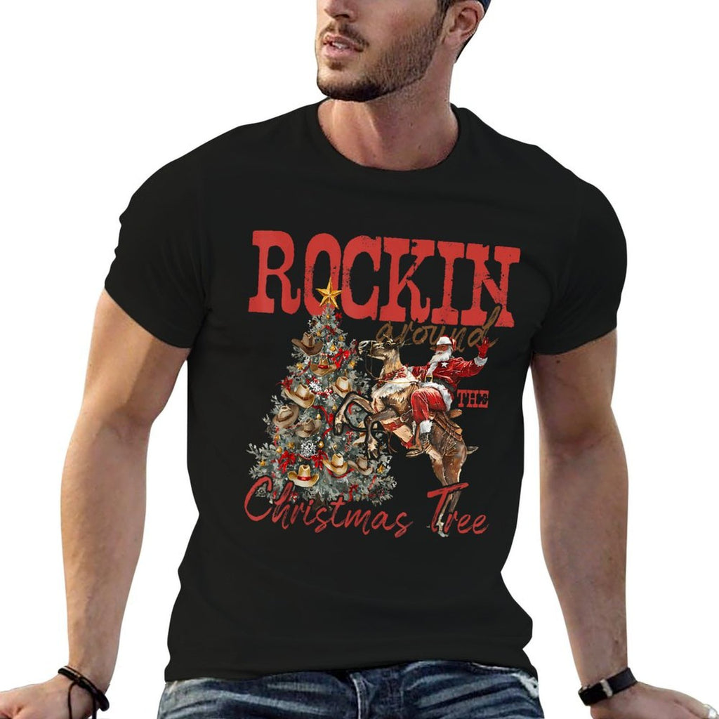 Rockin Around Christmas Cowboy Tree Santa Ride Horse Pajama  Breathable T-Shirt