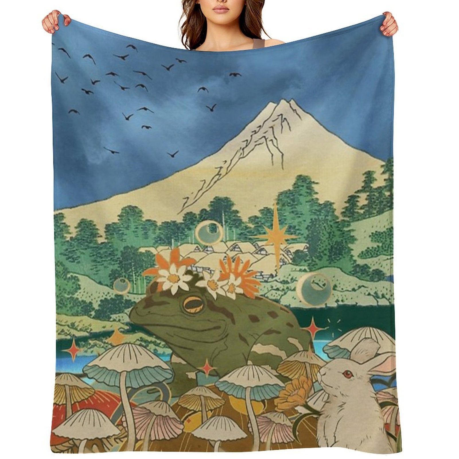 Mystic Fuji Frog And Rabbit in A Dreamscape Premium Throw Blanket