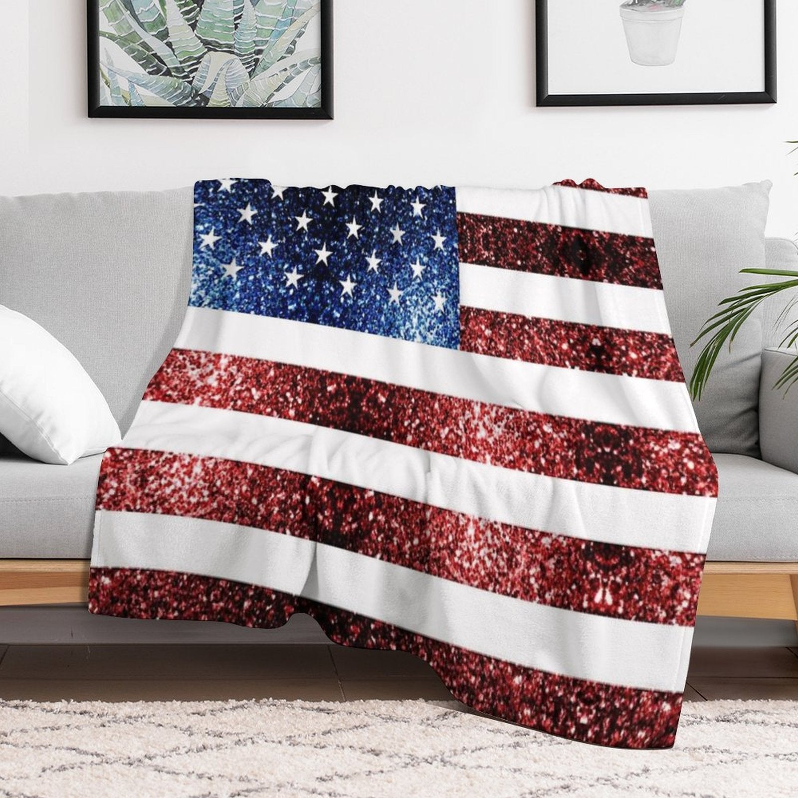 USA Flag Red Blue Faux Sparkles Glitters 4th of July Patriotic Girly Design (Photo of Glitter - Not Reflective) All-season Throw Blanket