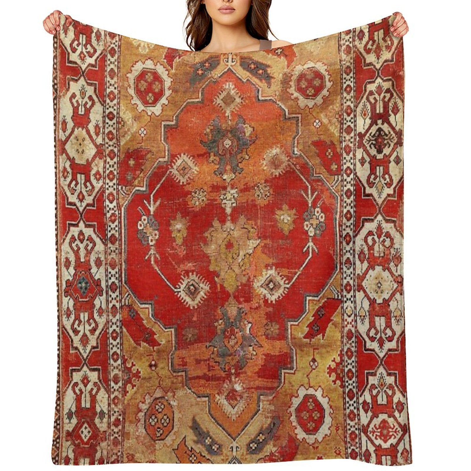 Transylvanian West Anatolian Carpet Print Plush Throw Blanket