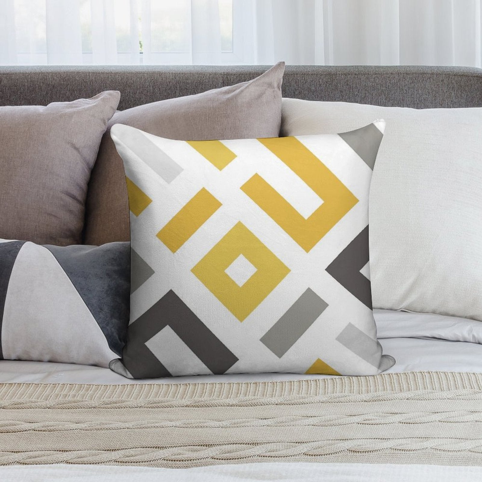 Mustard & Grey Geometric Soft Anti-Pilling Throw Pillow
