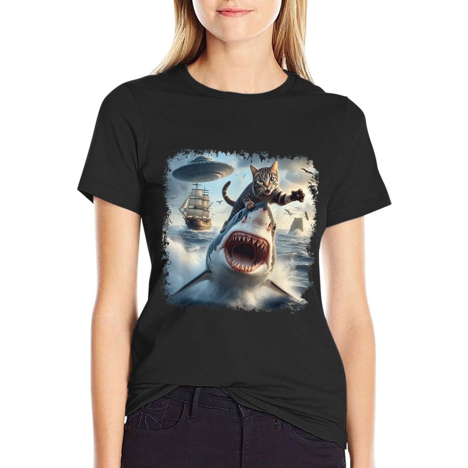 Cat Selfie With Alien Shark Funny Cat Cruise Meme Design for Men Women Kids  Vintage-inspired T-Shirt
