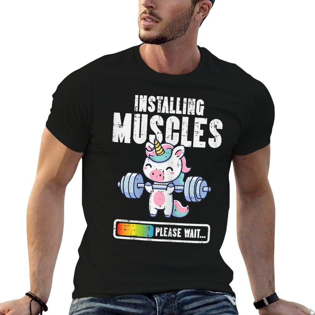 Gym Unicorn Installing Muscles Funny Workout Women Girls Kid  Ribbed Collar T-Shirt