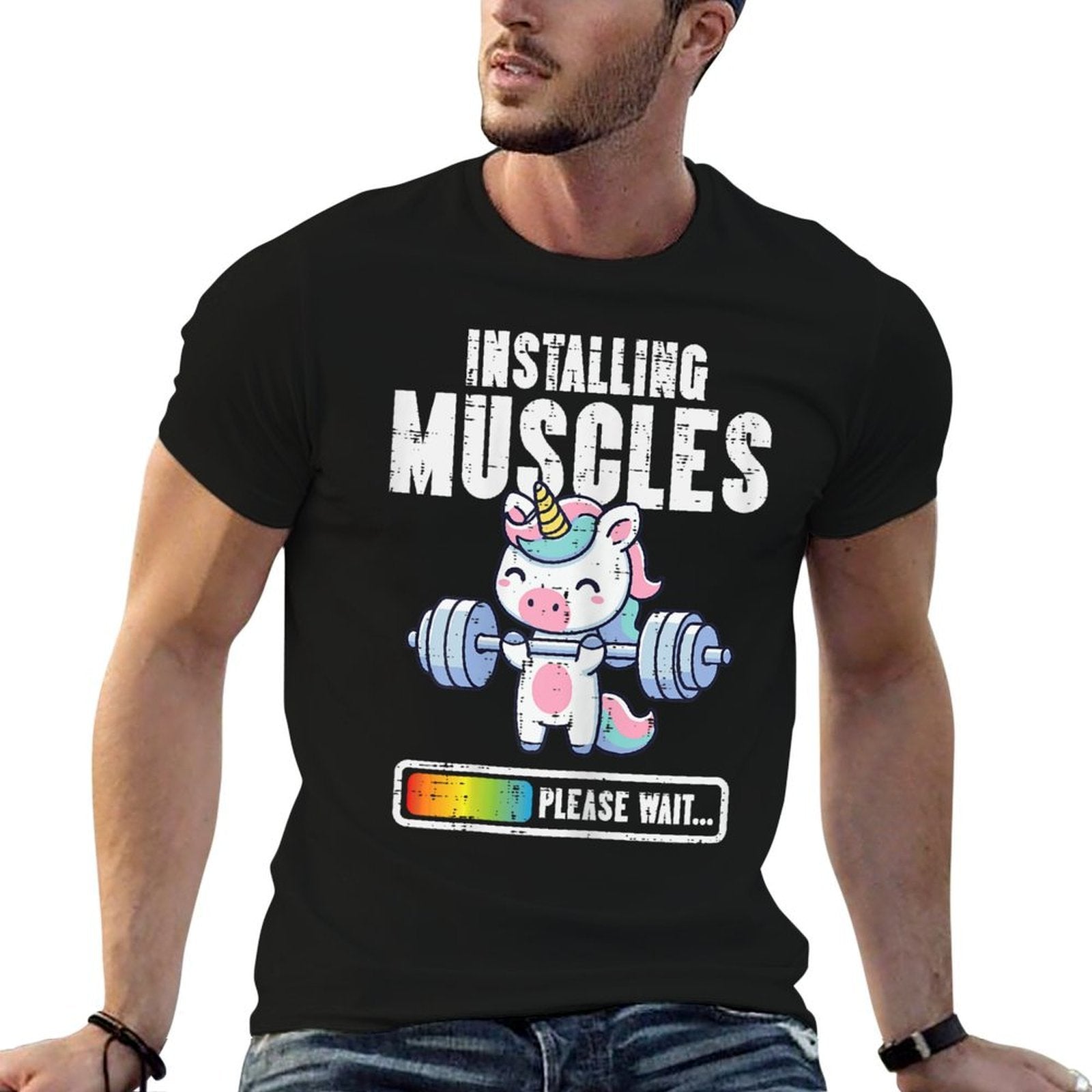 Gym Unicorn Installing Muscles Funny Workout Women Girls Kid  Ribbed Collar T-Shirt