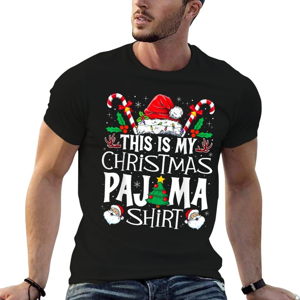 This Is My Christmas Pajama Funny Xmas PJs Men Women  Ribbed Collar T-Shirt