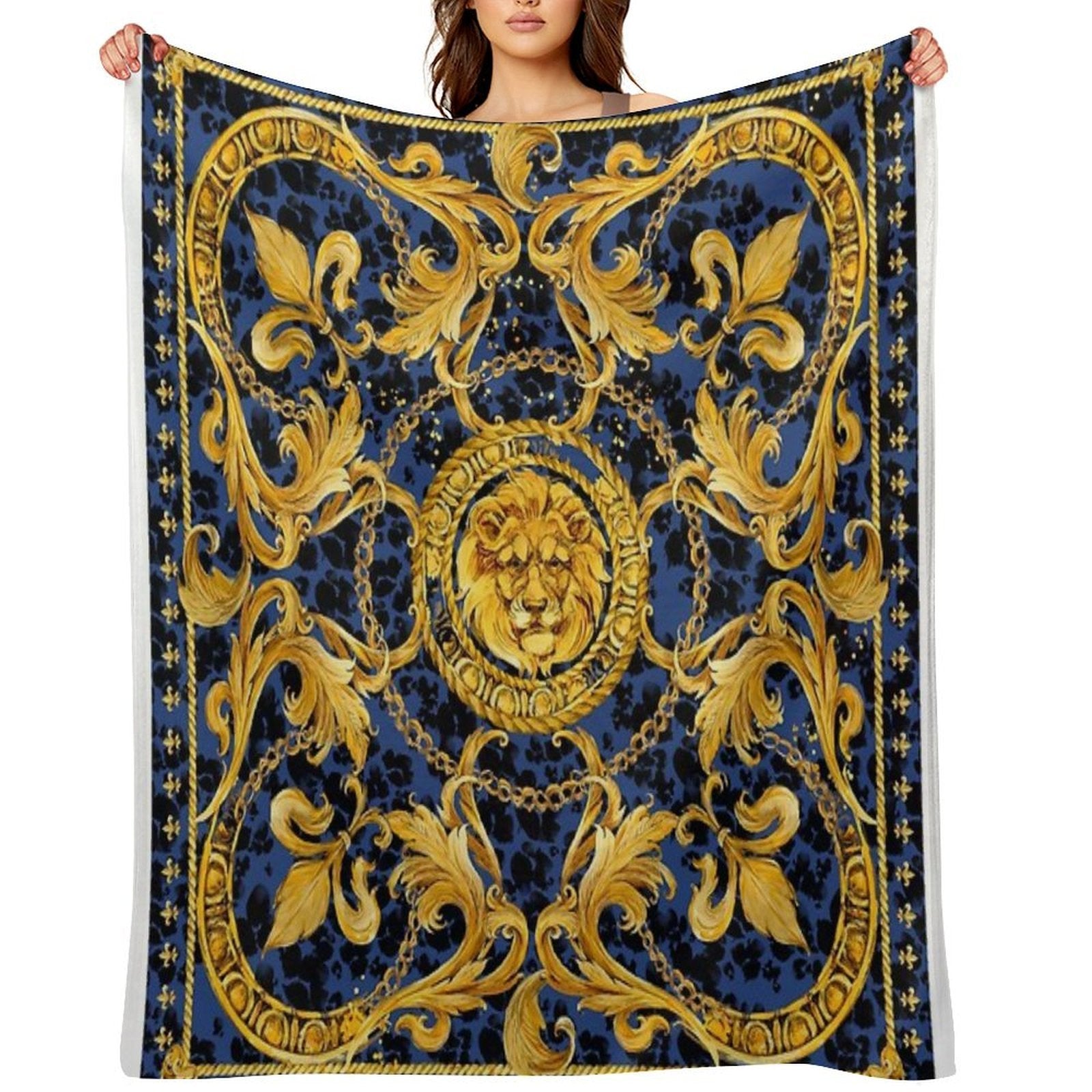 Golden Lion And Damask Ornament. Eco-conscious Throw Blanket