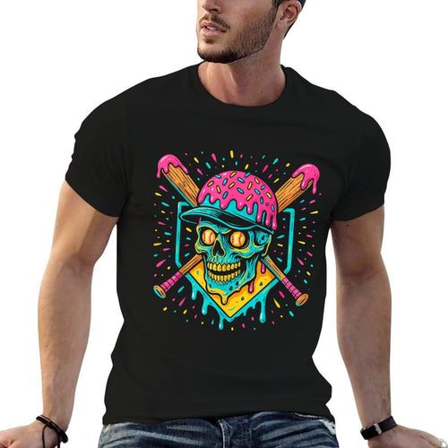 Baseball Home Plate Drip Ice Cream Skull Funny Baseball  Heathered Texture T-Shirt