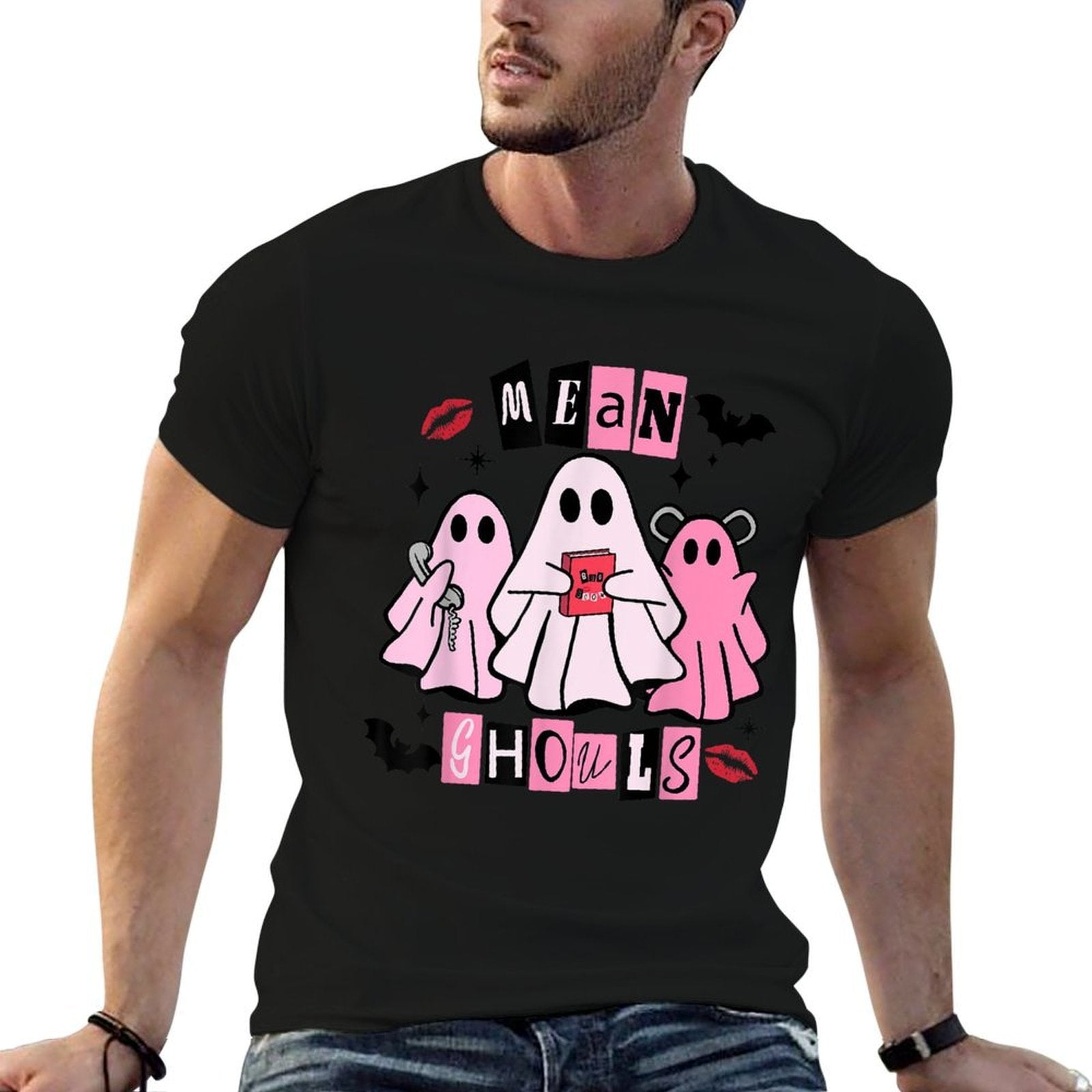 Cute Ghost Mean Ghouls Funny Halloween Costume Spooky Season  Ribbed Collar T-Shirt