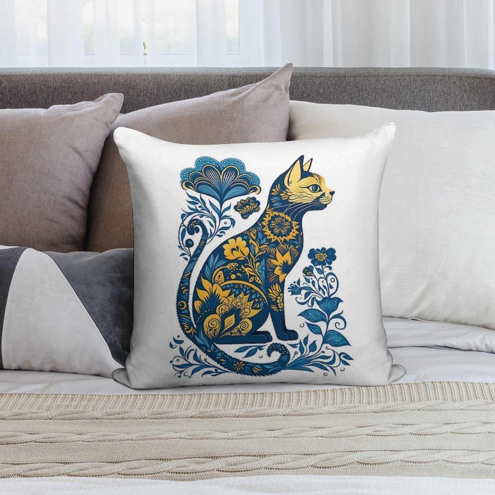 Ukraine Cat Floral Vintage Ukrainian Flag & Vyshyvanka Soft Reinforced Edging Throw Pillow