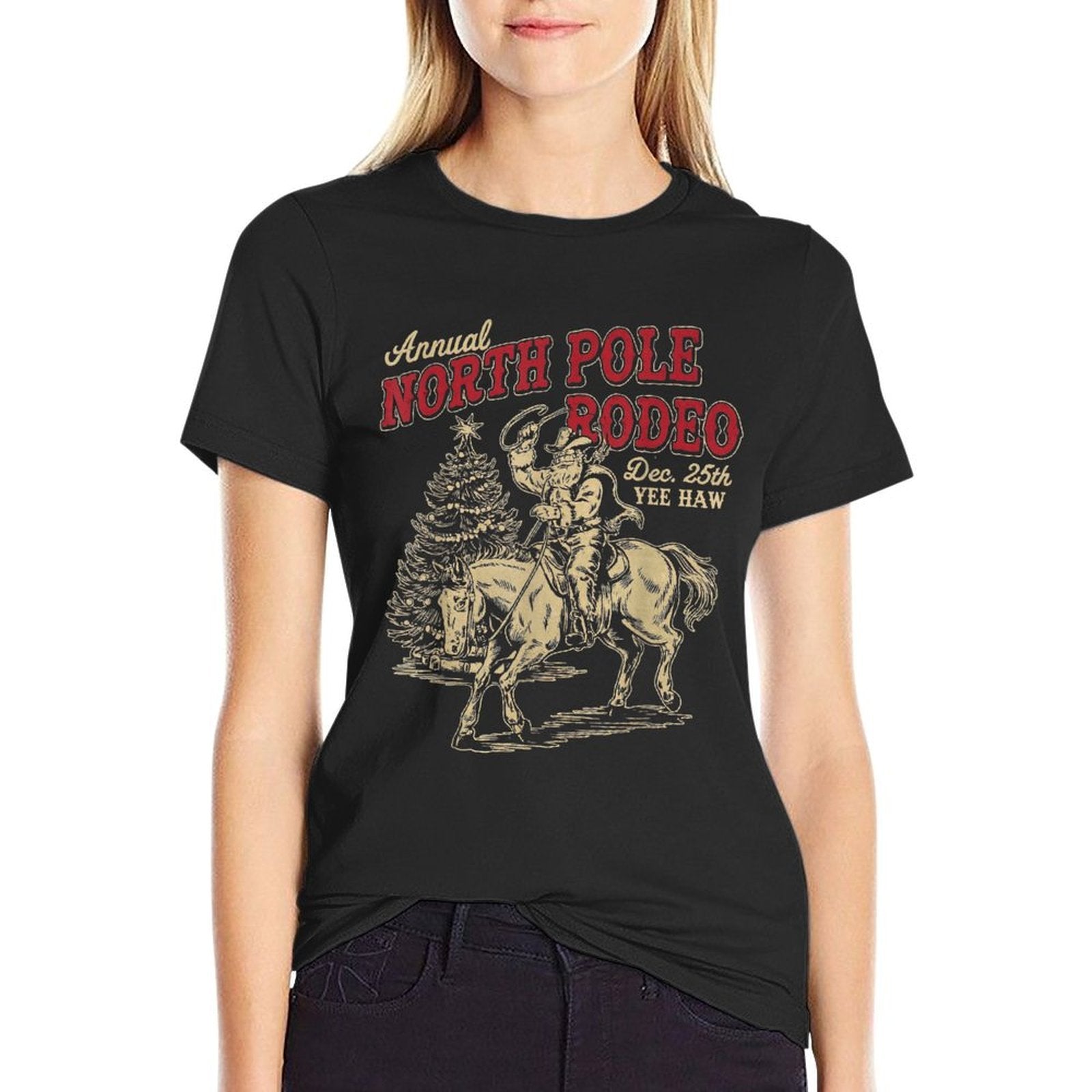 Vintage Annual North Pole Rodeo Santa Cowboy Christmas  Ribbed Collar T-Shirt