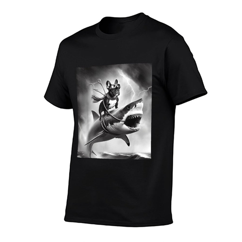 Funny Dog French Bulldog Riding A Shark in Tornado Meme  Ribbed Collar T-Shirt