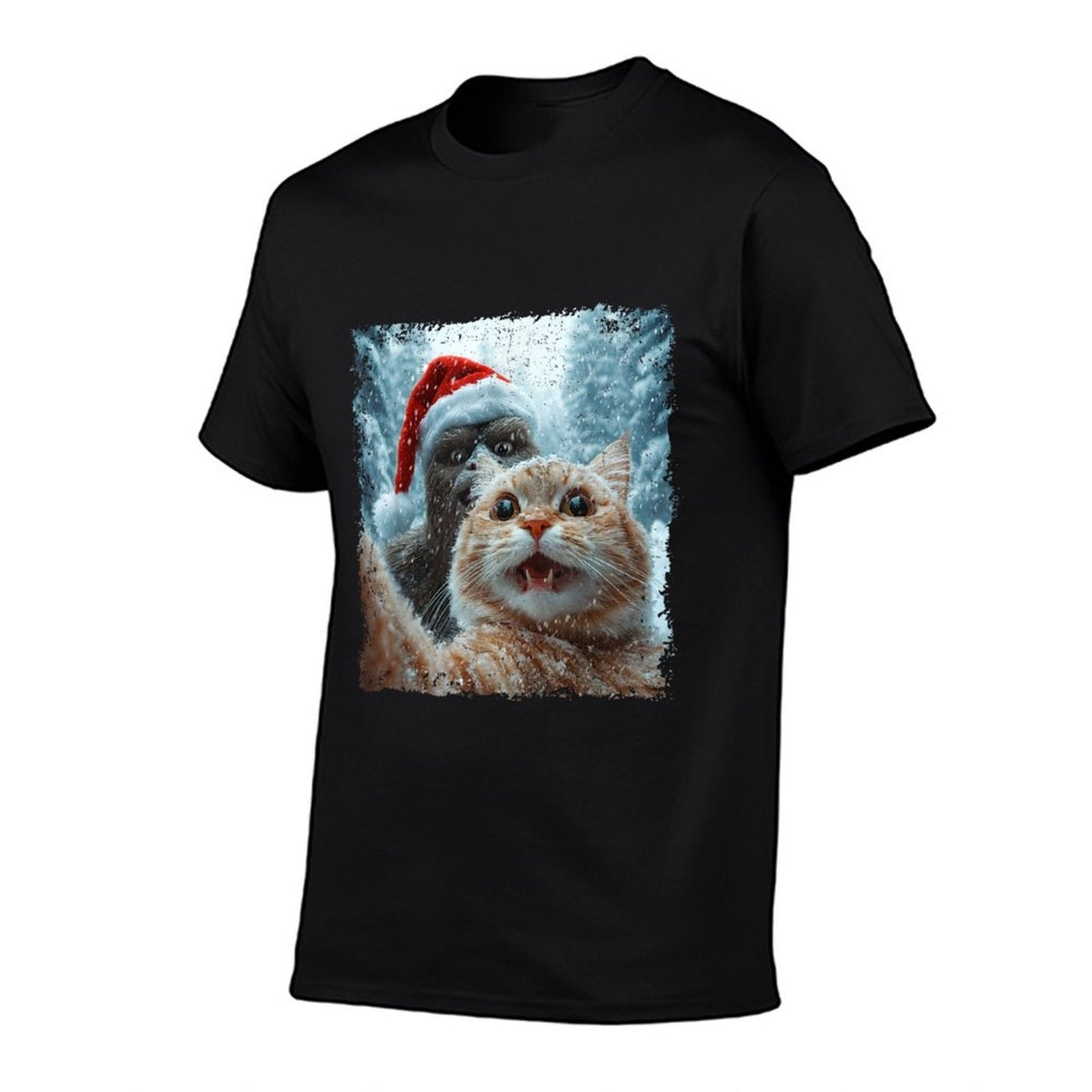 Funny Bigfoot And Cat Christmas Selfie Design  Fade-proof Color T-Shirt