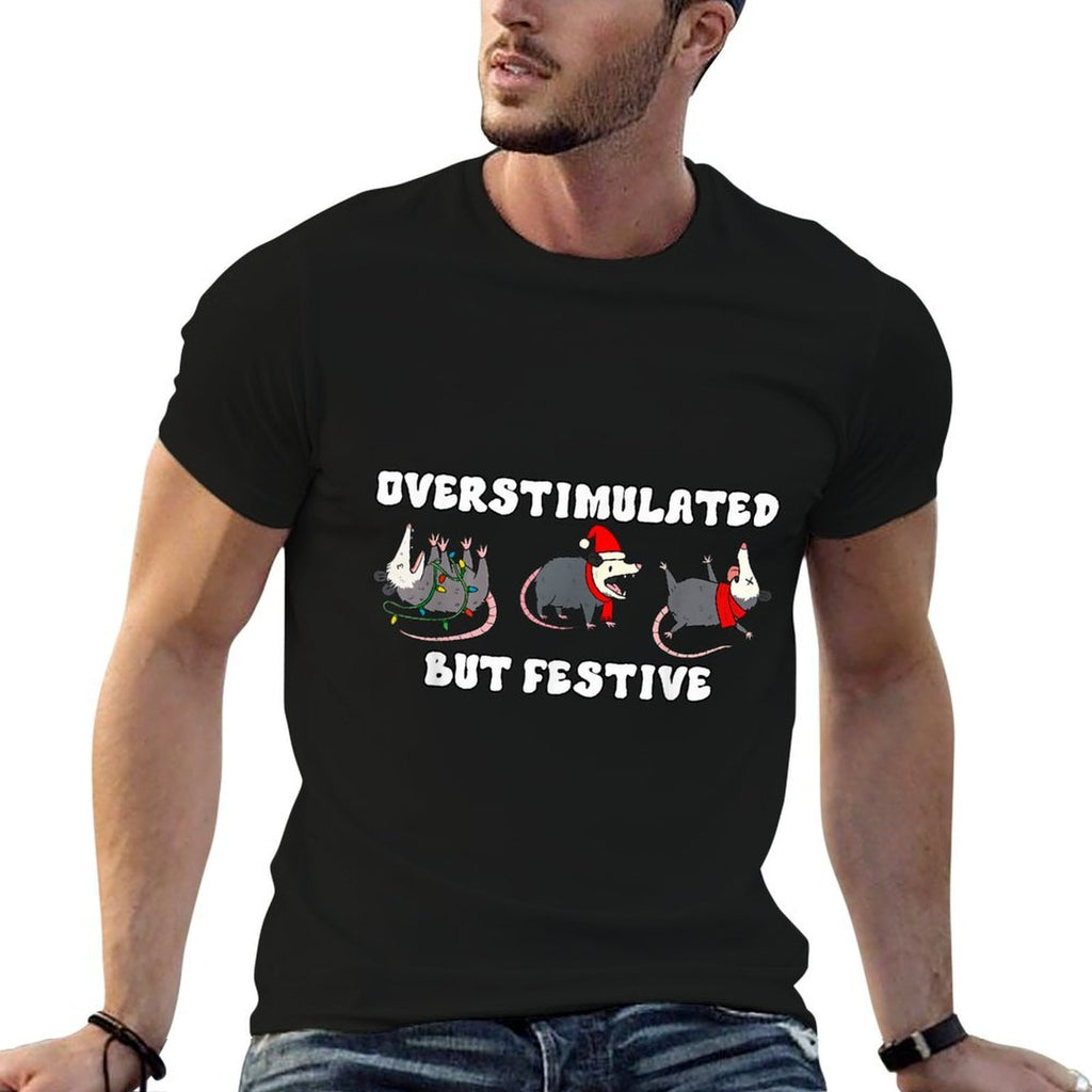 Funny Overstimulated But Festive Possum Santa Hat Lights  Wrinkle-resistant T-Shirt