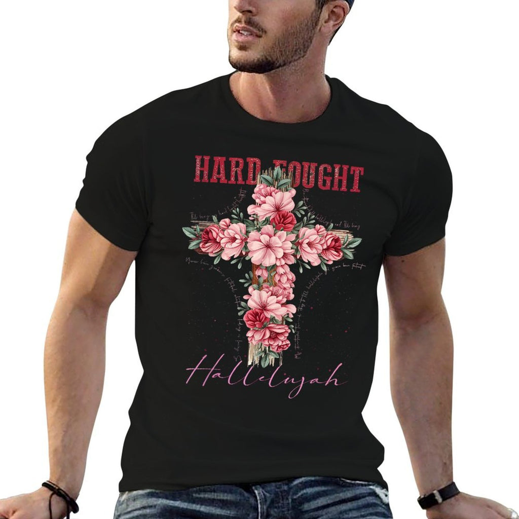 Floral Hard Fought Hallelujah Flowers Christian Cross Lord  Heathered Texture T-Shirt