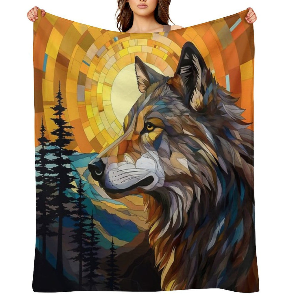 Wolf at Sunset Plush Throw Blanket