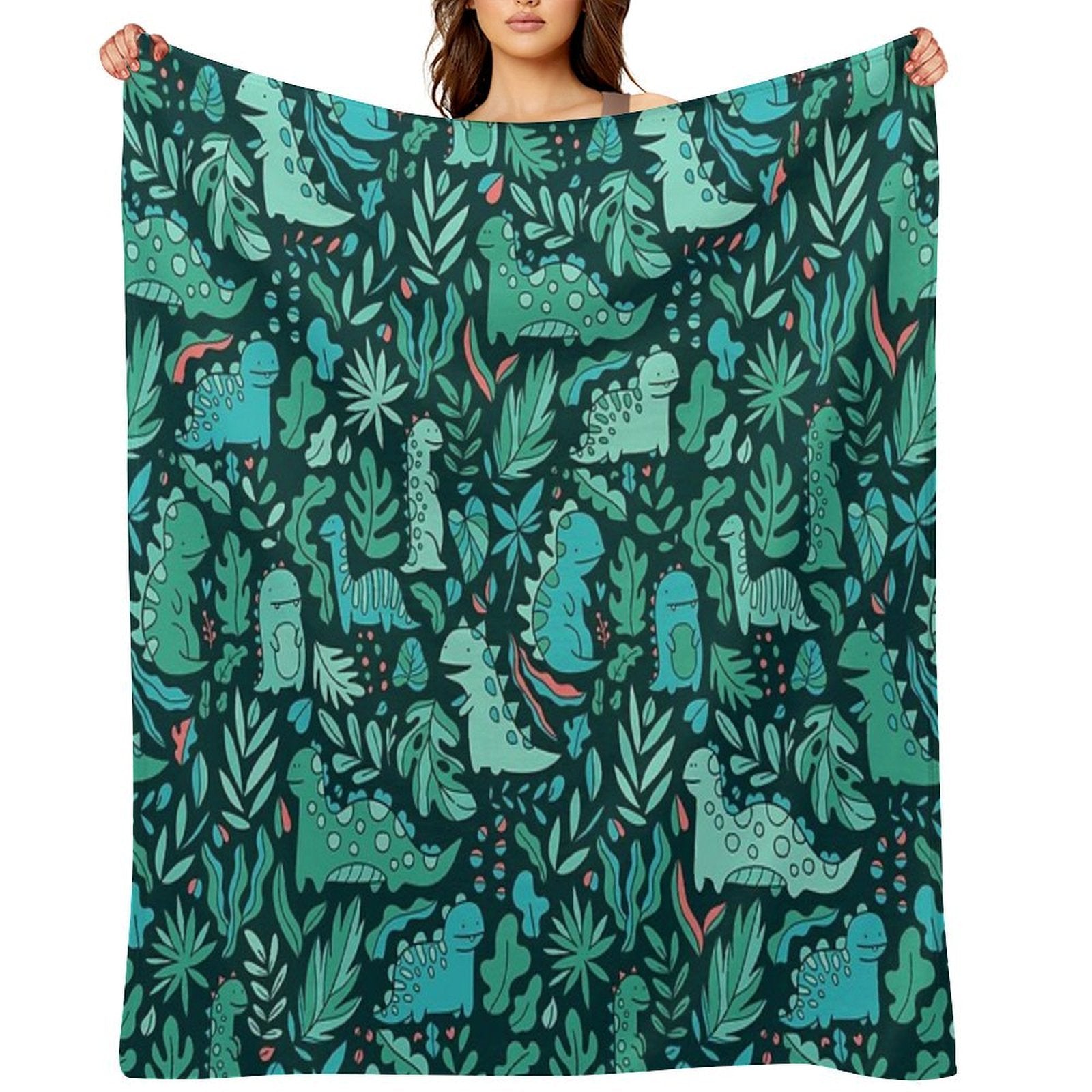 Cute Dinosaurs And Tropical Leaves Shrink-resistant Throw Blanket