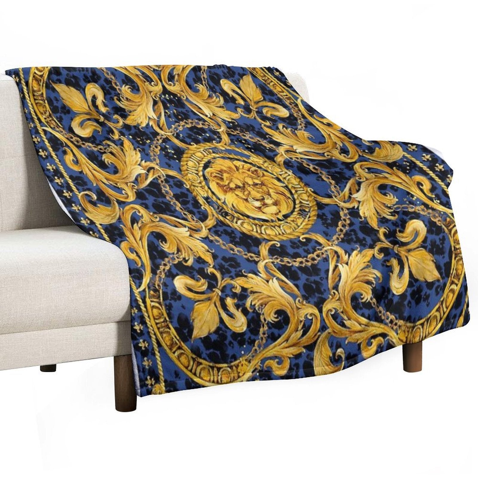 Golden Lion And Damask Ornament. Durable Throw Blanket
