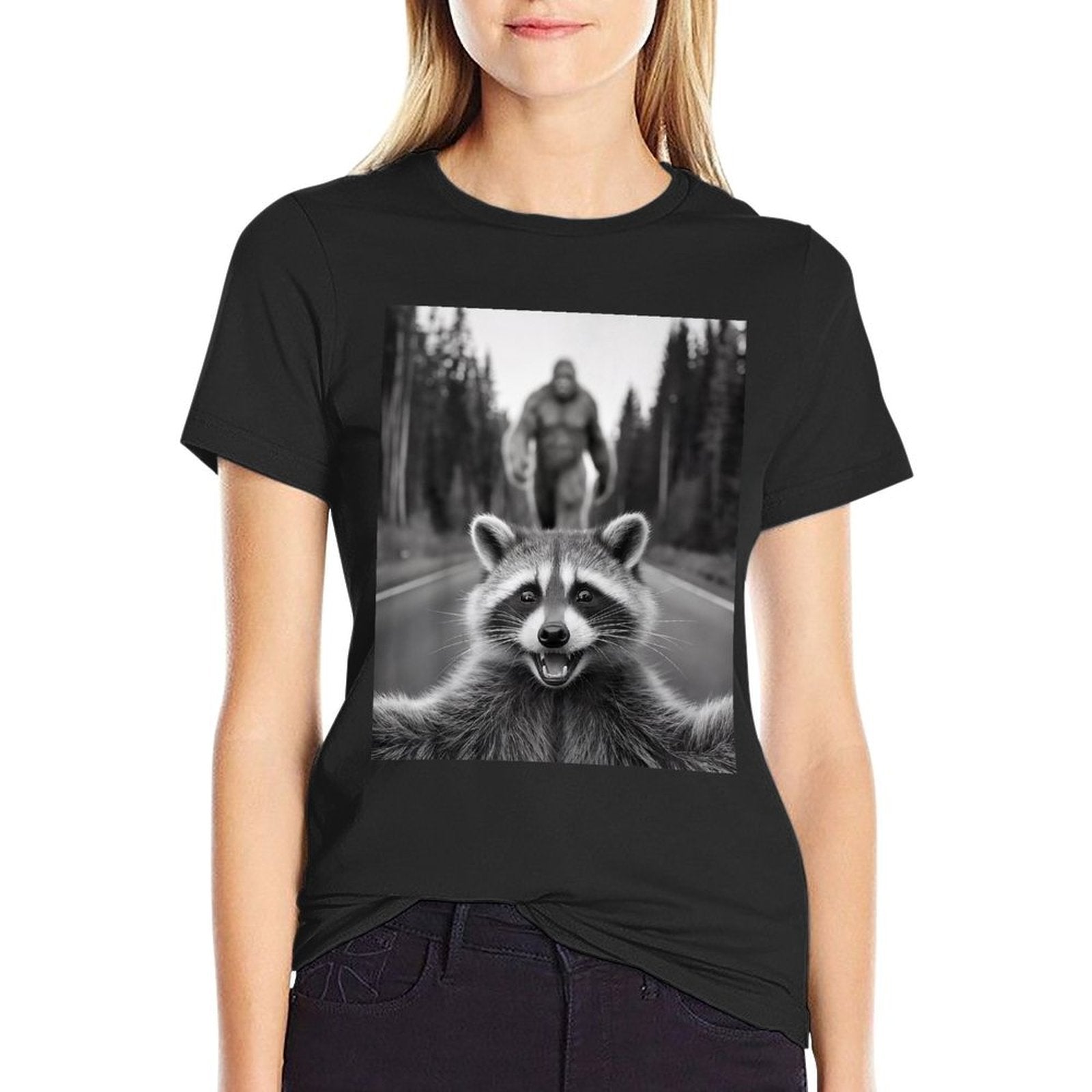 Scared Raccoon Selfie With Sasquatch Bigfoot , Funny Raccoon  Graphic-printed T-Shirt