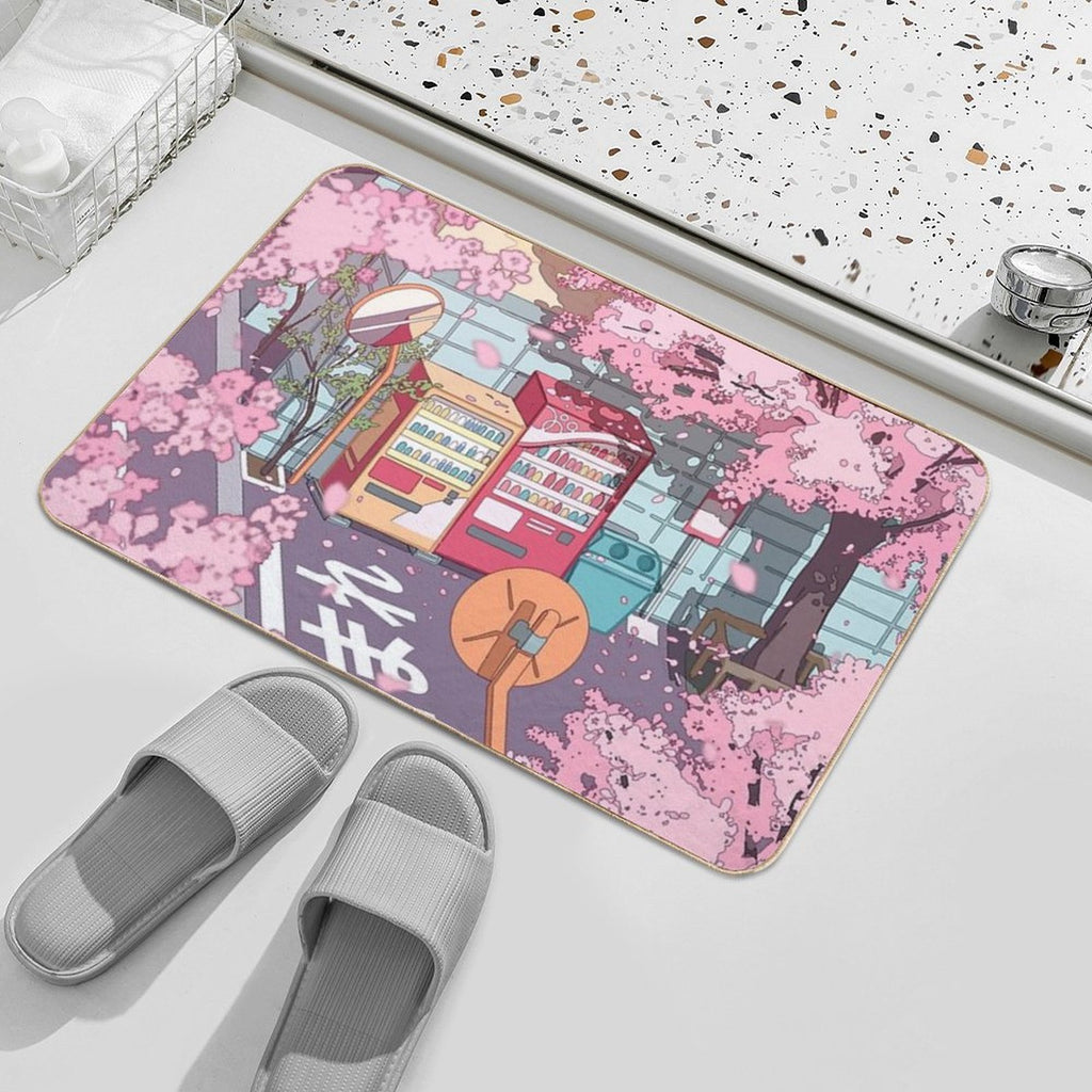 A Beautiful Aesthetic Tokyo Street And  The Pink Sakura Tree Blossom  Odorless Bath Mat