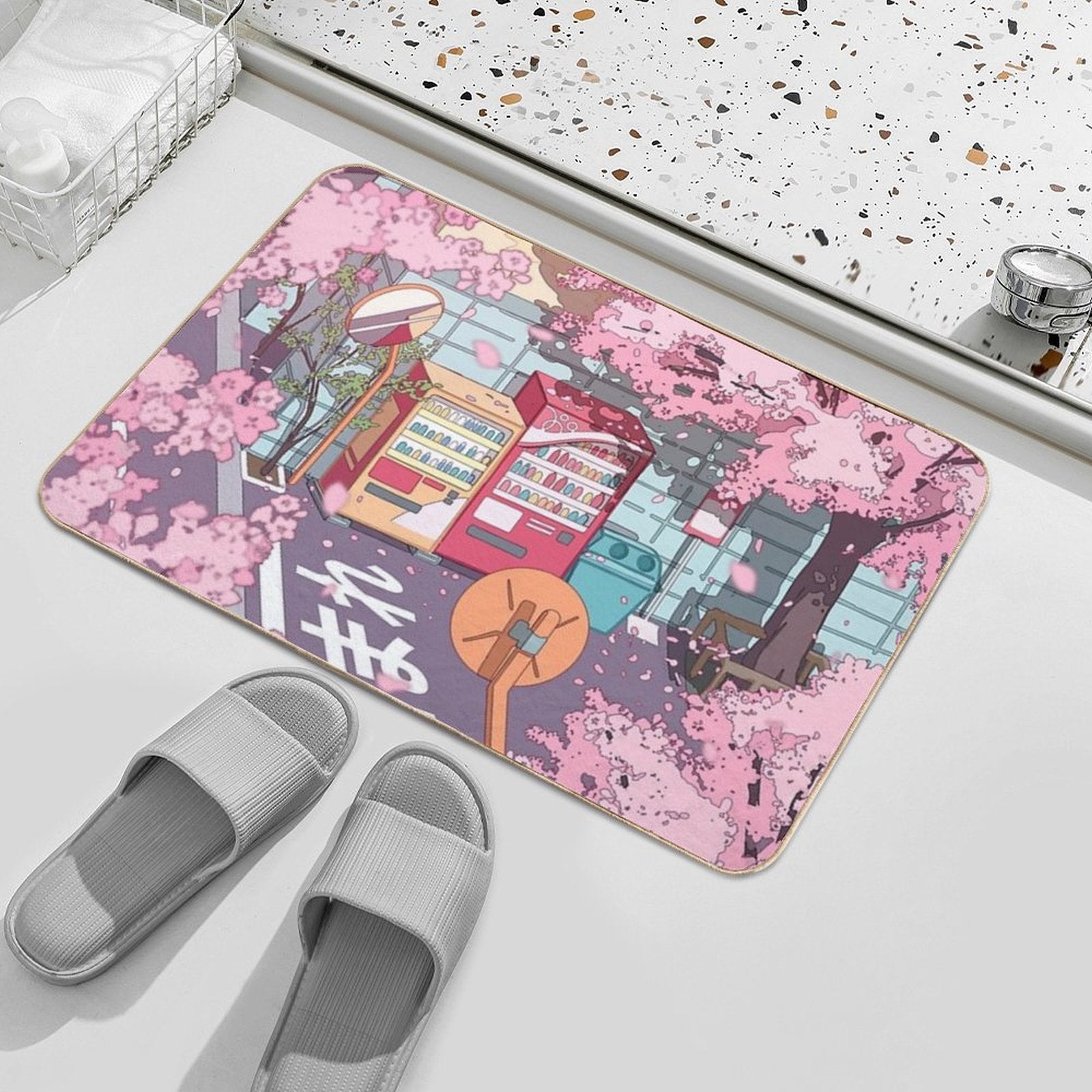 A Beautiful Aesthetic Tokyo Street And  The Pink Sakura Tree Blossom  Odorless Bath Mat