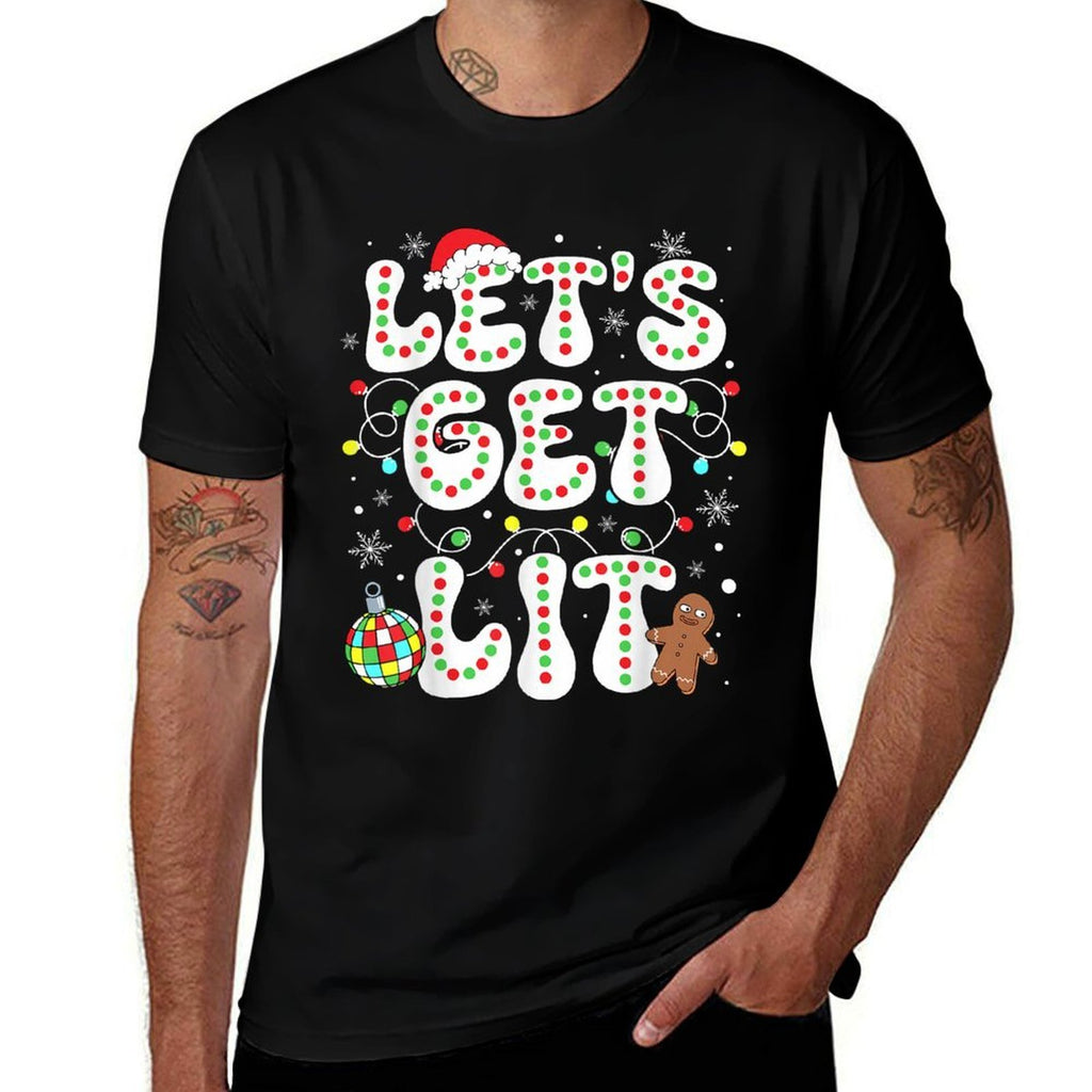 Lets Get Lit Funny Christmas Lights Xmas Pajamas Holiday  Rolled Sleeves T-Shirt