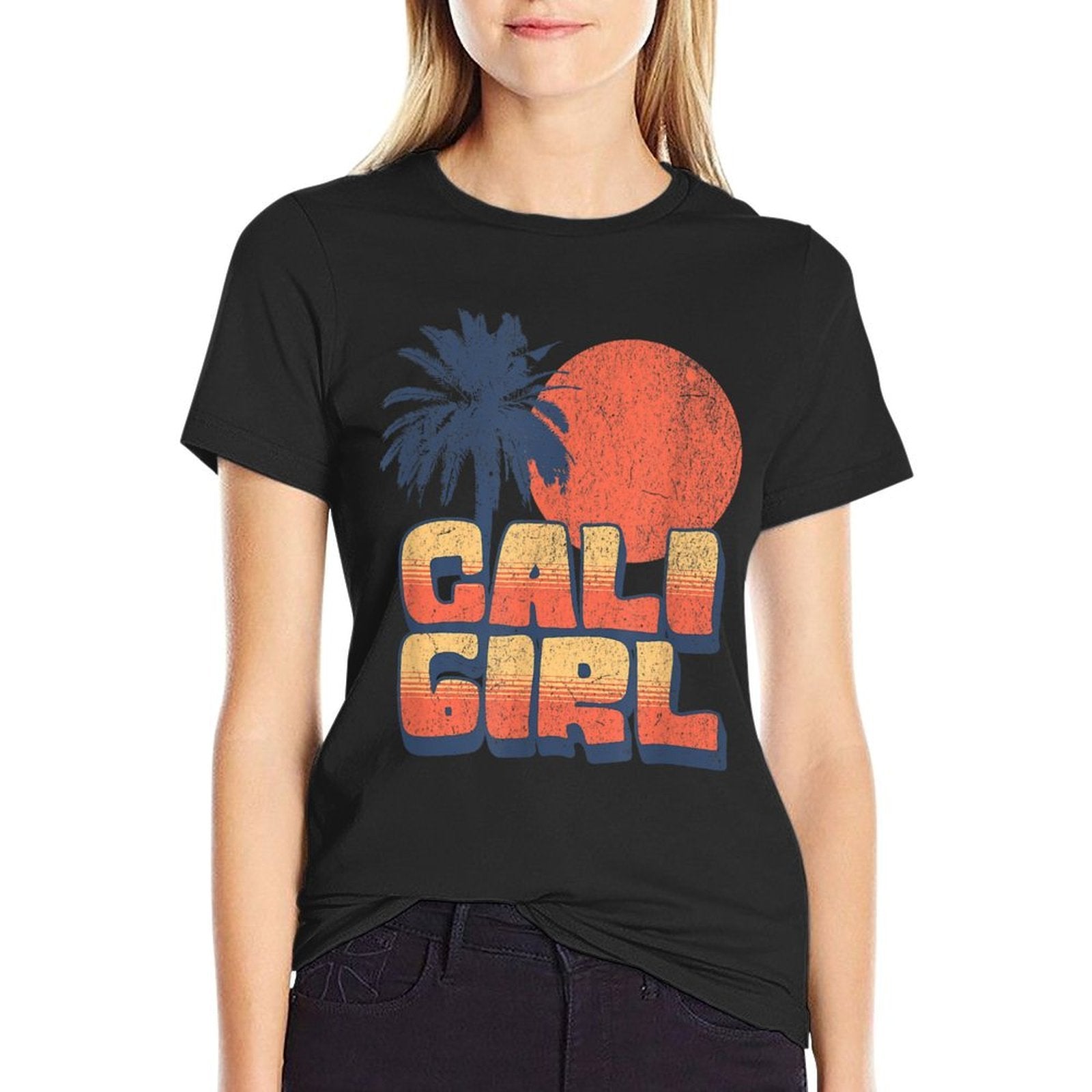 Cali Girl Retro Sunset Palm Tree California Beach Vacation  Slim-fit Cut T-Shirt