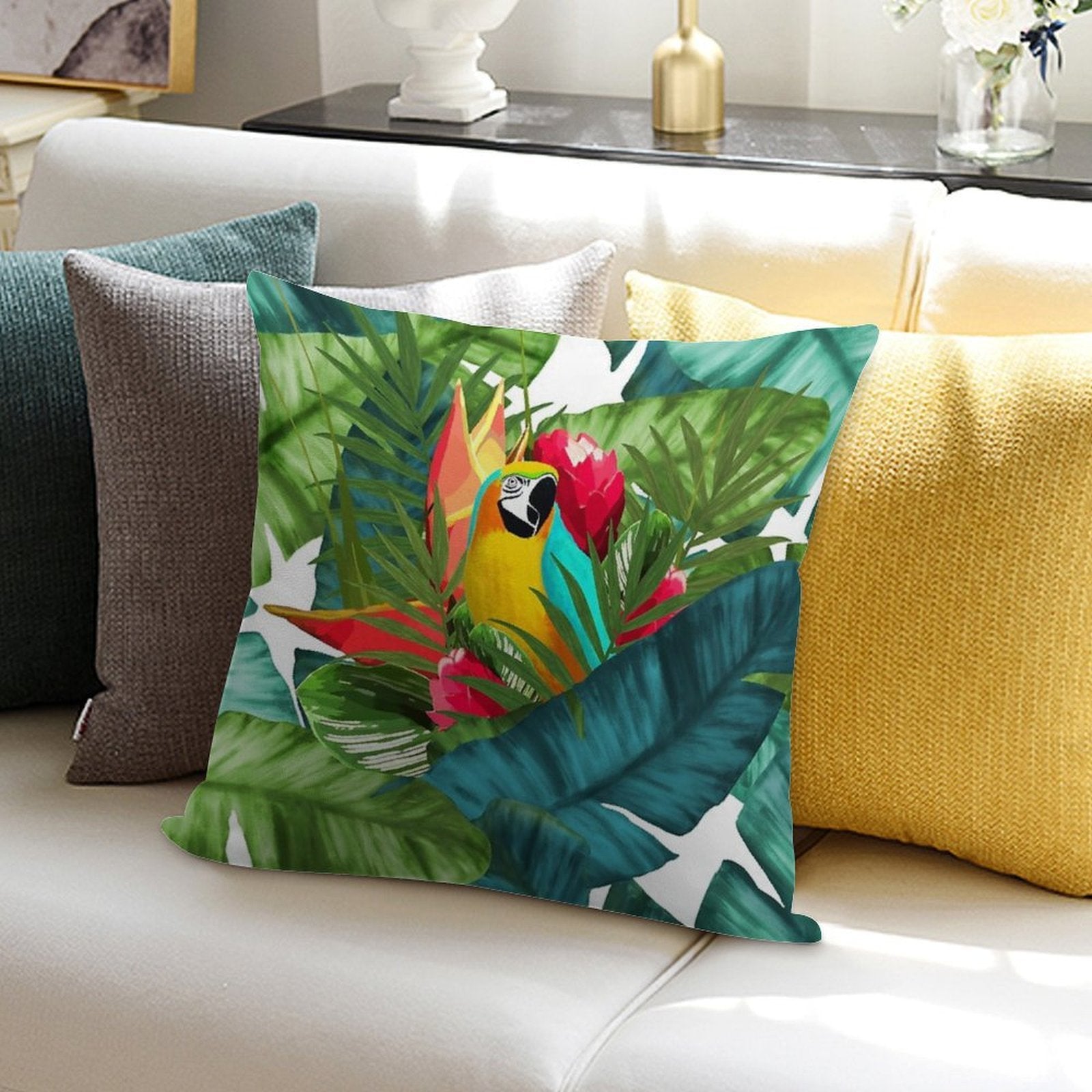 Fresh Parrot Tropical Banana Leaves Bouquet Soft Decorative Cover Throw Pillow
