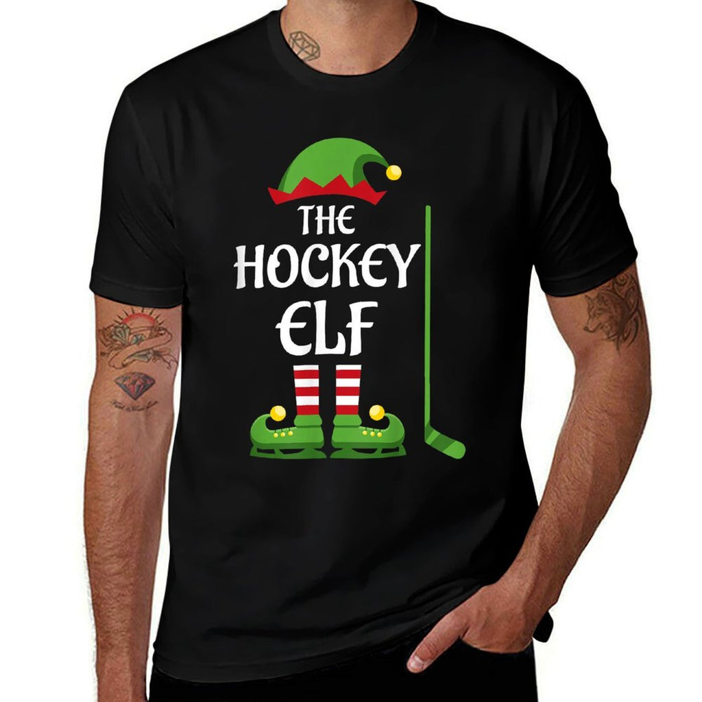 Hockey Elf Family Matching Group Christmas Sporty  Ribbed Collar T-Shirt