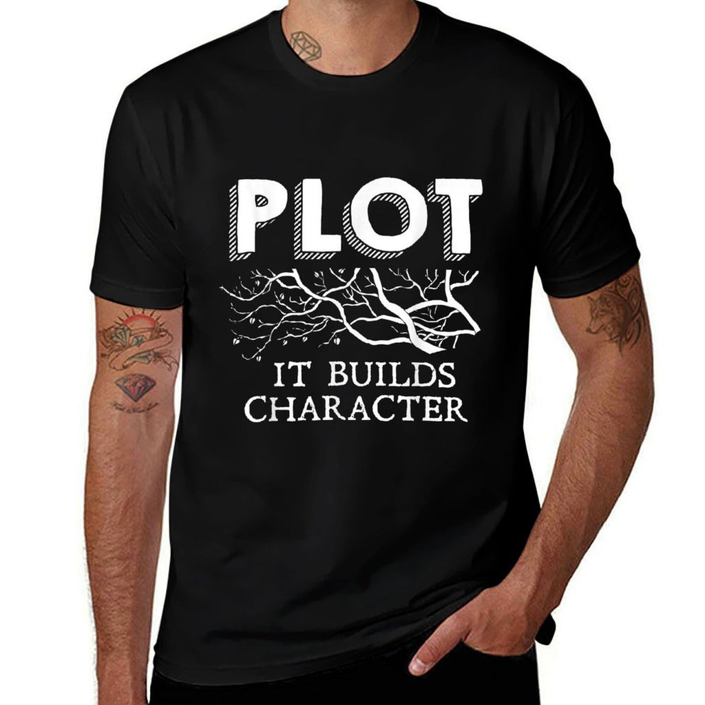 Funny Plot It Builds Character Book Reading Teacher Gift  Ribbed Collar T-Shirt
