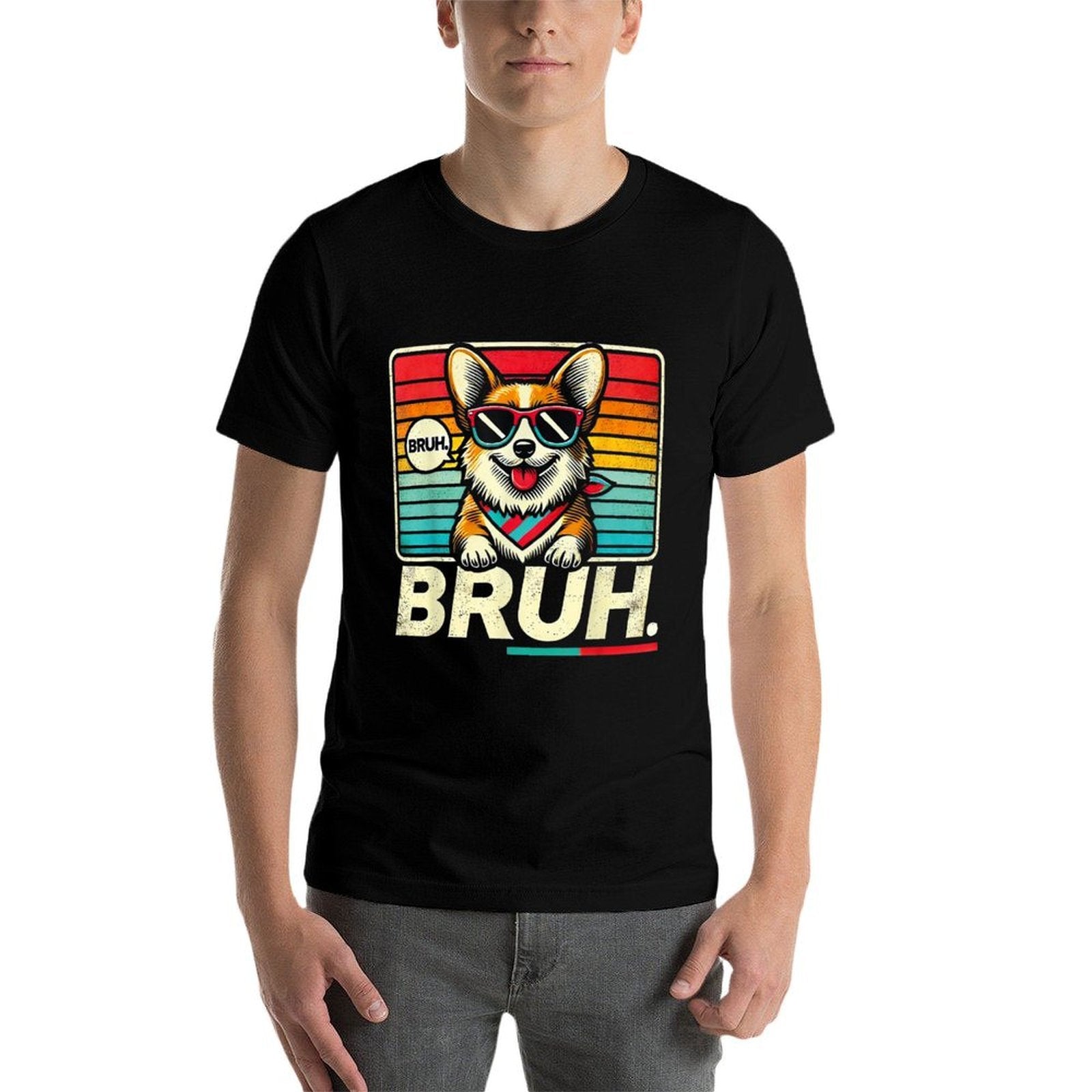 Bruh Retro Vintage 80s Dog Sunglasses BRUH Funny Bruh Corgi  Fade-proof Color T-Shirt