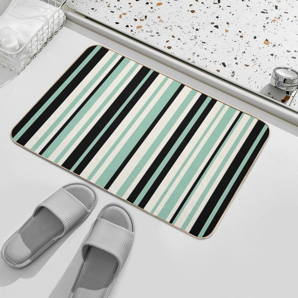 Vertical Retro Stripes in Mint Green, Black, And Cream  Easy To Clean Bath Mat