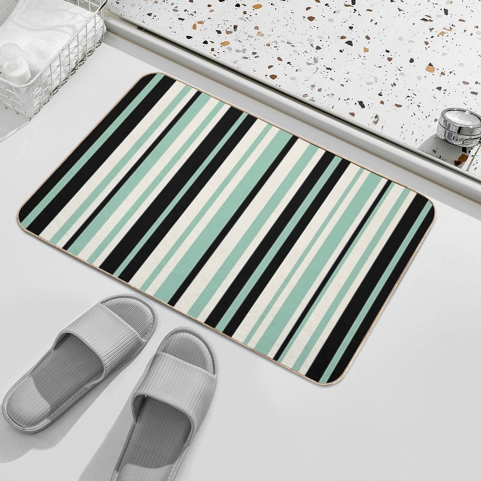 Vertical Retro Stripes in Mint Green, Black, And Cream  Easy To Clean Bath Mat