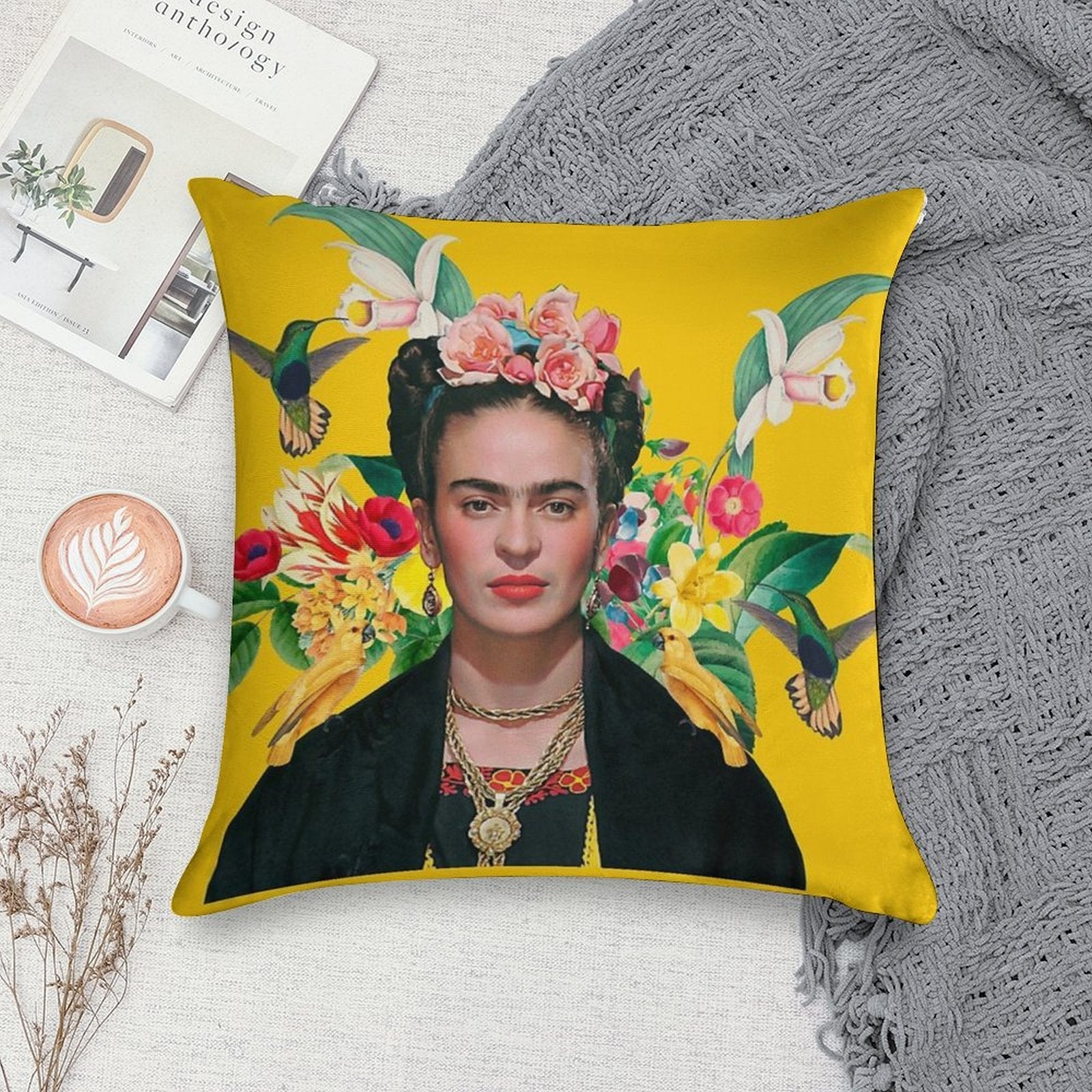 Frida Kahlo And Flowers Exotic Parrots Hummingbird ,Frida Kahlo Soft Multiple Sizes Throw Pillow