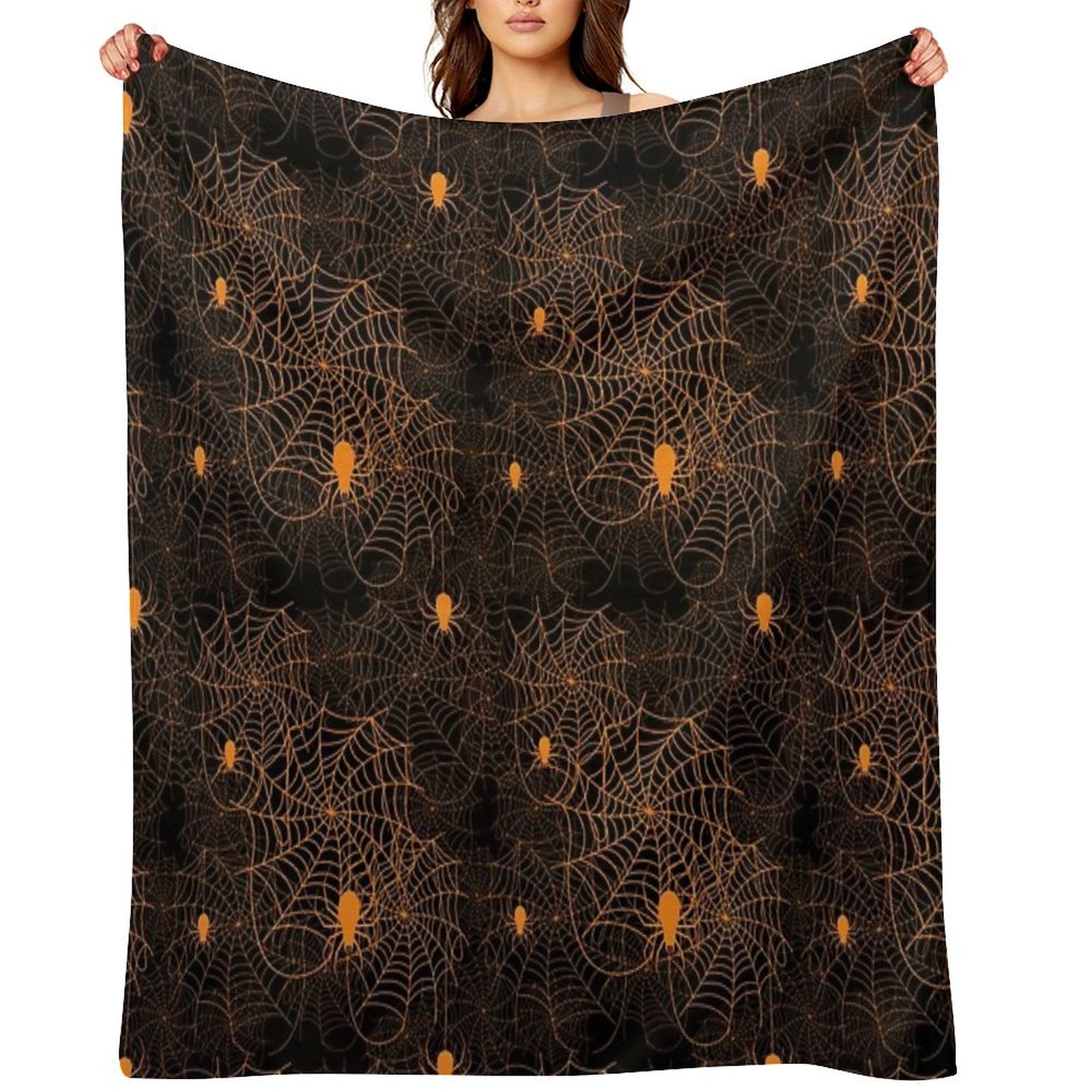 Halloween Spider Web Pattern Orange on Black Machine-washable Throw Blanket