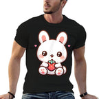 Cute Bunny Rabbit Eating Strawberry Tween Girls Graphic  Fade-proof Color T-Shirt