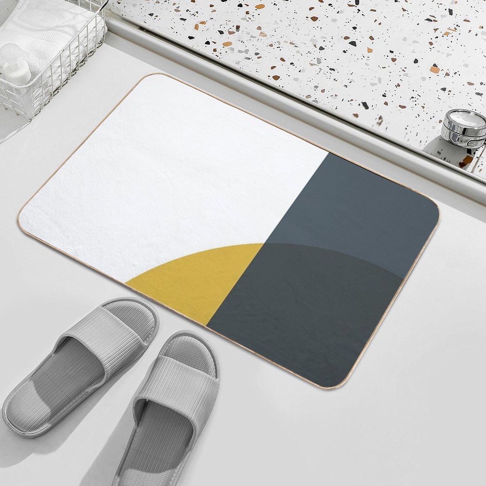 Abstract Geometric Minimalist 2 Navy Blue, Light Mustard Yellow, And White  Long-Lasting Bath Mat