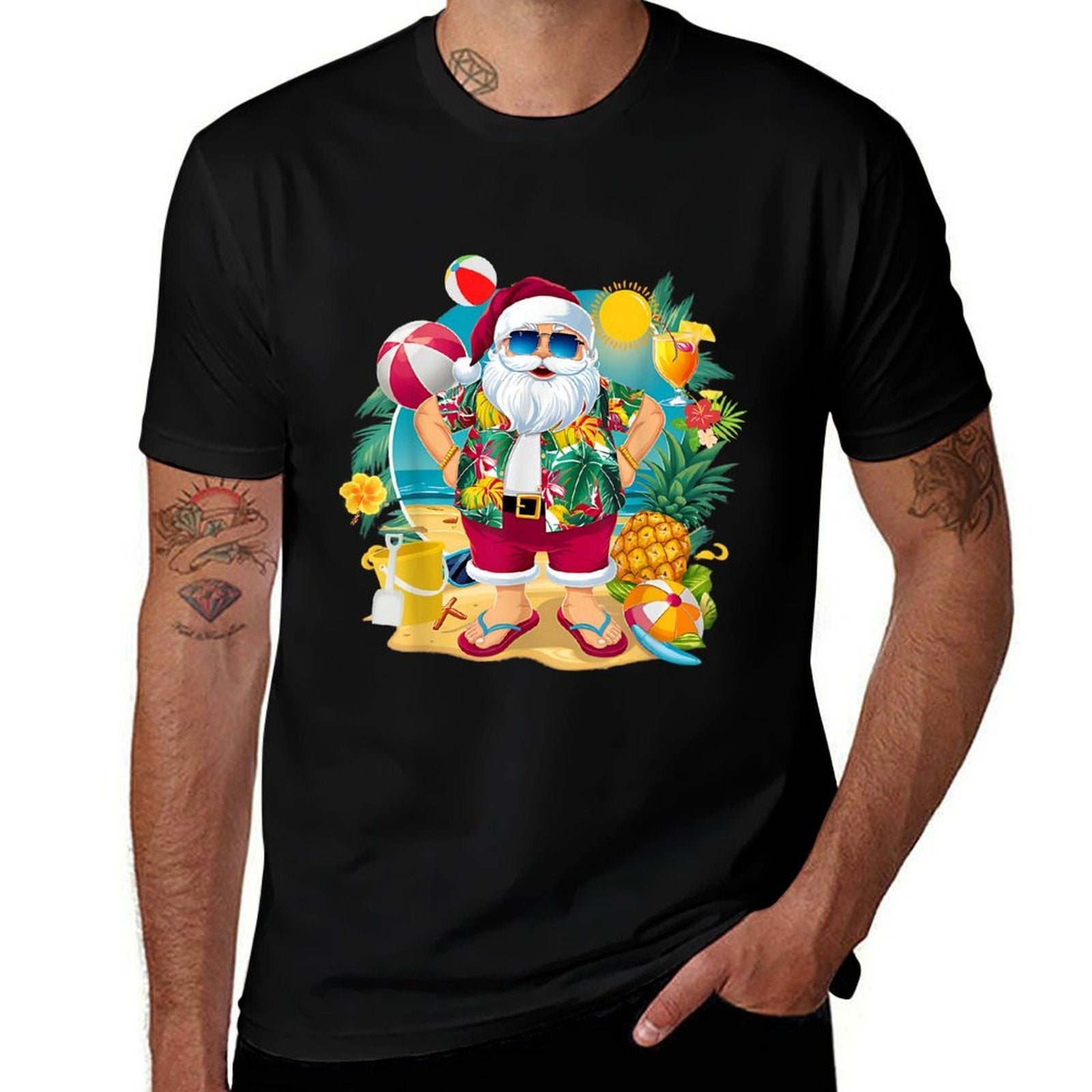 Santa Christmas in July on Beach Hawaiian Summer Vacation  Stretchy T-Shirt