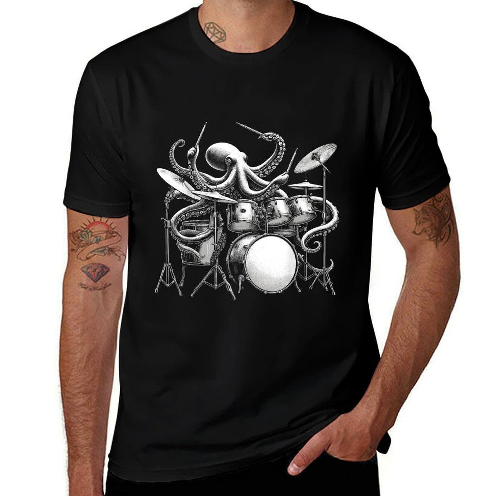 Octopus Playing Drums Retro Drummer  Heathered Texture T-Shirt
