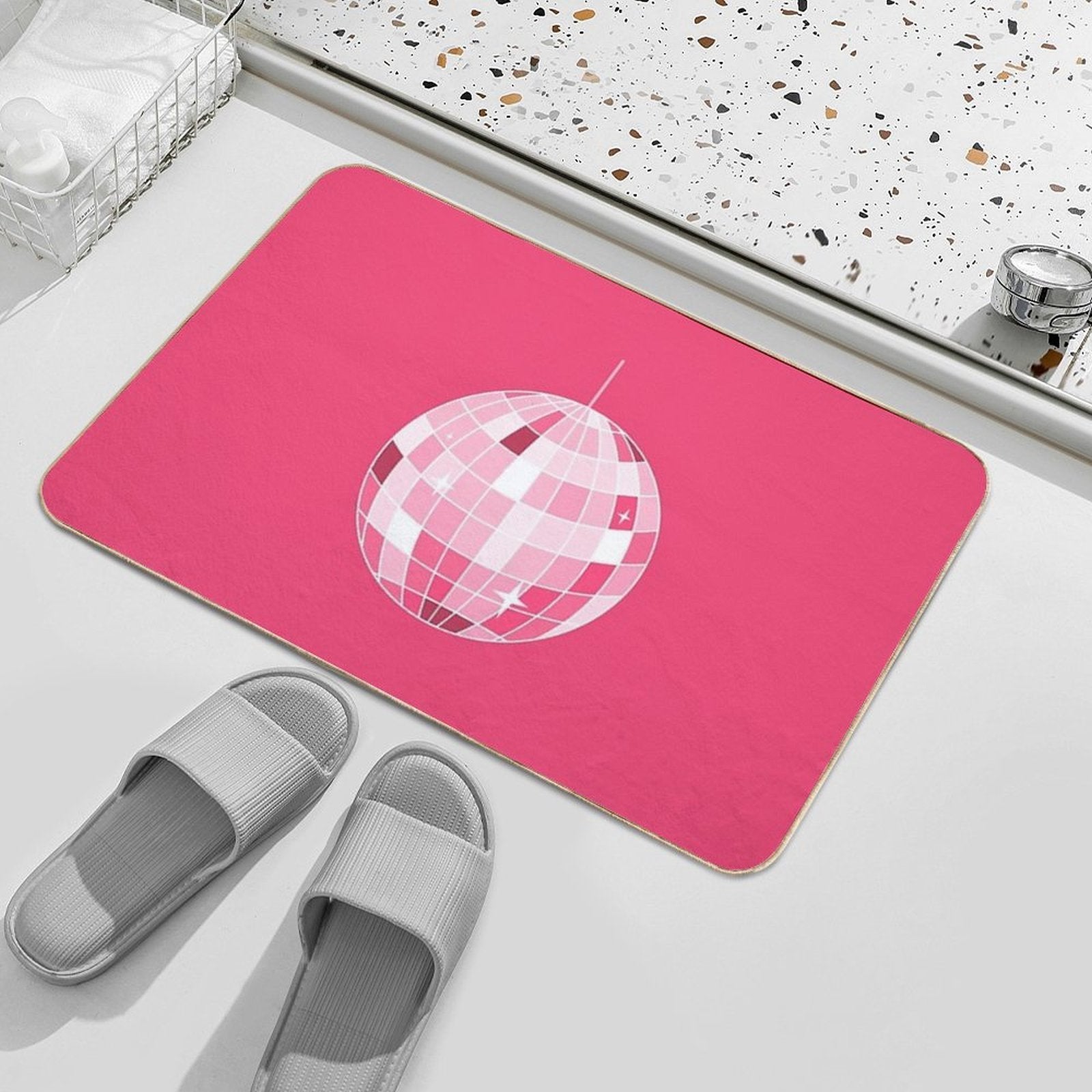Hot Pink Disco Ball. Mirrorball  Repositionable Bath Mat