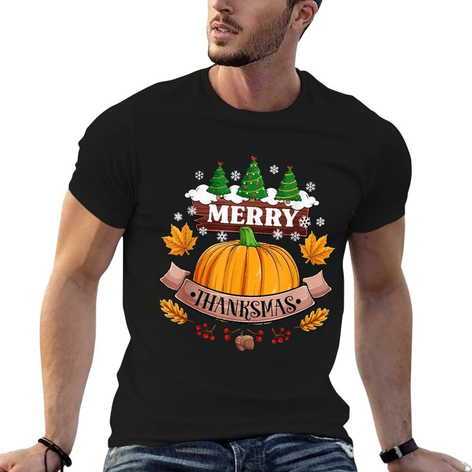Funny Merry Thanksmas Festive Thanksgiving Christmas Pumpkin  Slim-fit Cut T-Shirt
