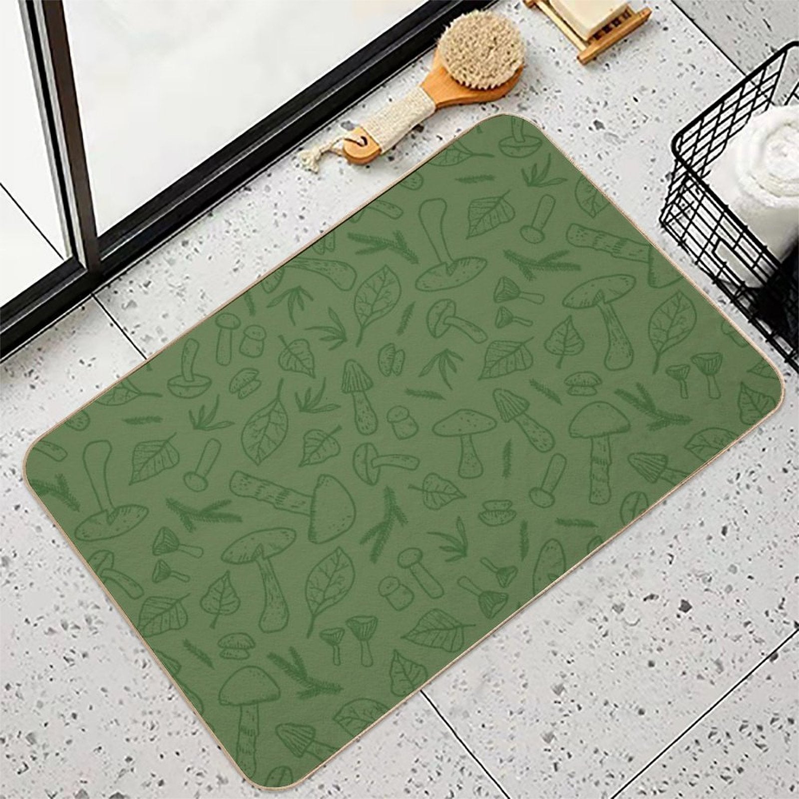 Autumn Mushrooms Green Monochrome  Repositionable Bath Mat