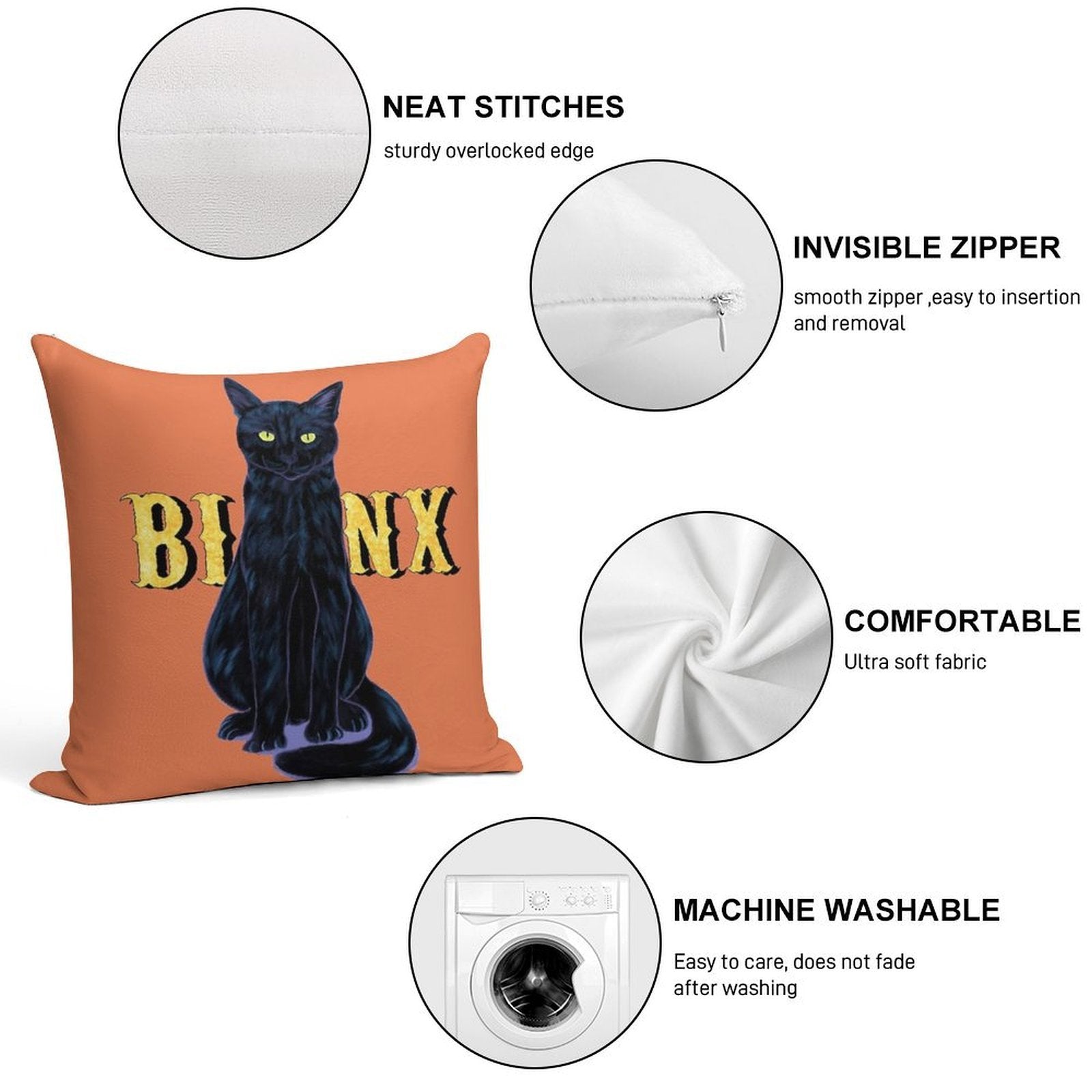 Black Cat Binx Halloween Soft Reinforced Edging Throw Pillow