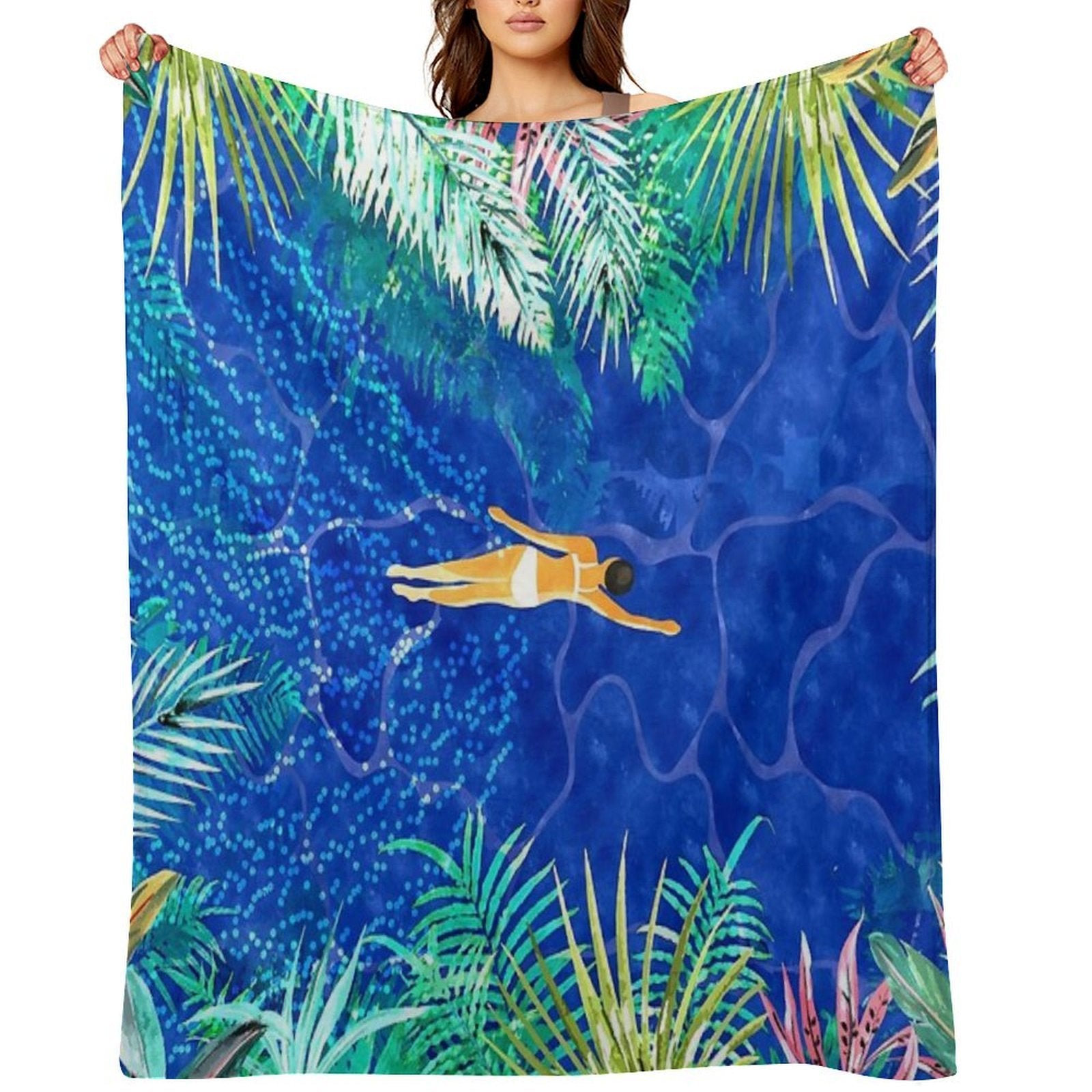 Tropical Jungle Pool  Forest Pop of Color Botanical  Travel Wild Plants Eclectic Watercolor Swim Sustainable Throw Blanket
