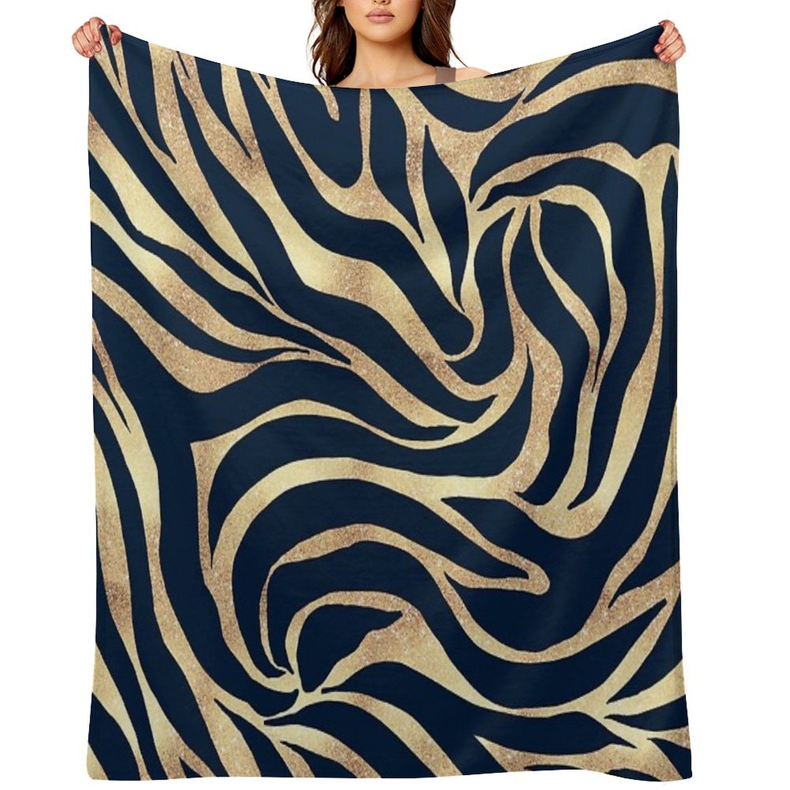 Elegant Navy Blue Gold Zebra Print Wrinkle-free Throw Blanket