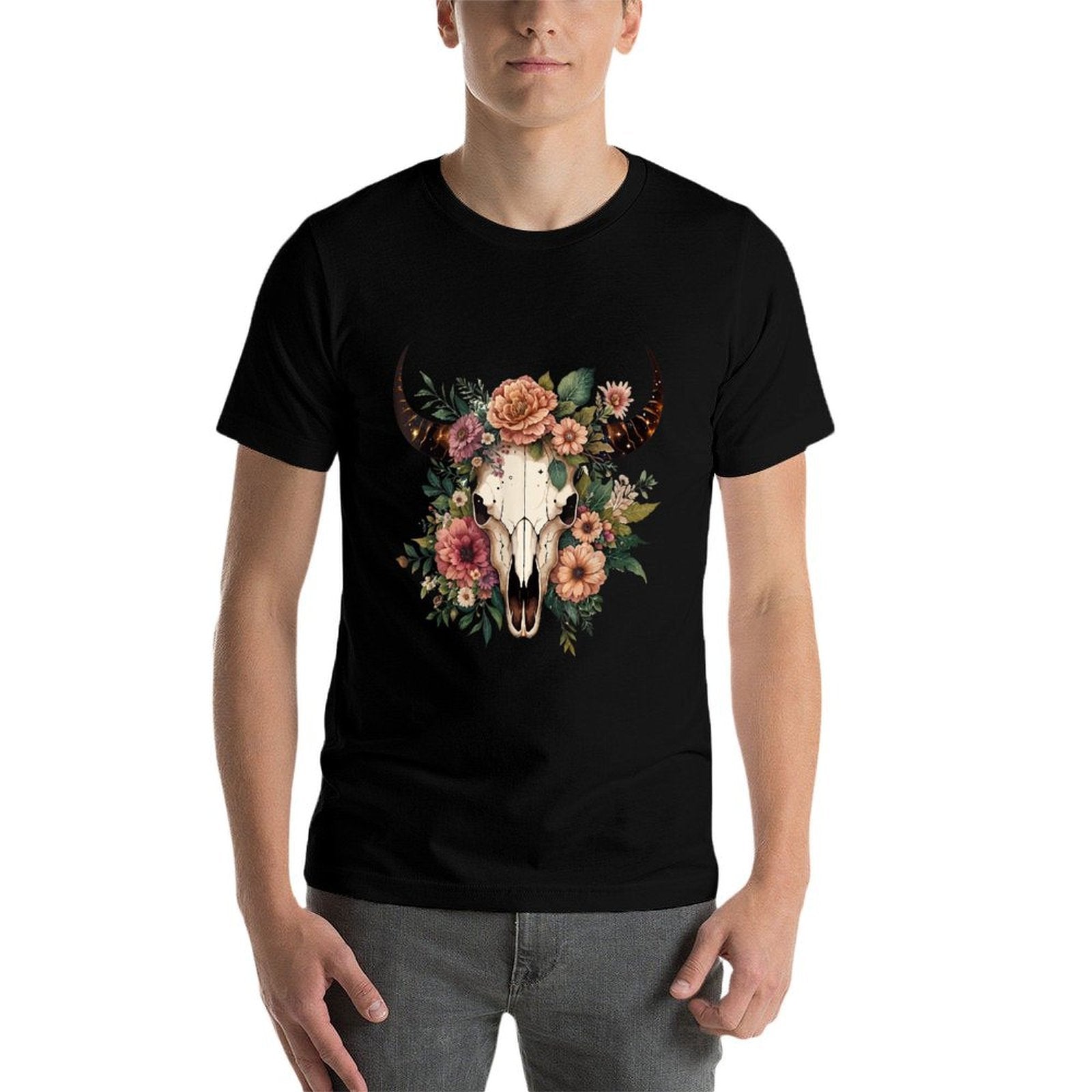 Boho Cow Bull Skull Flowers Wild West Western Cowgirl Texans  Odor-resistant T-Shirt