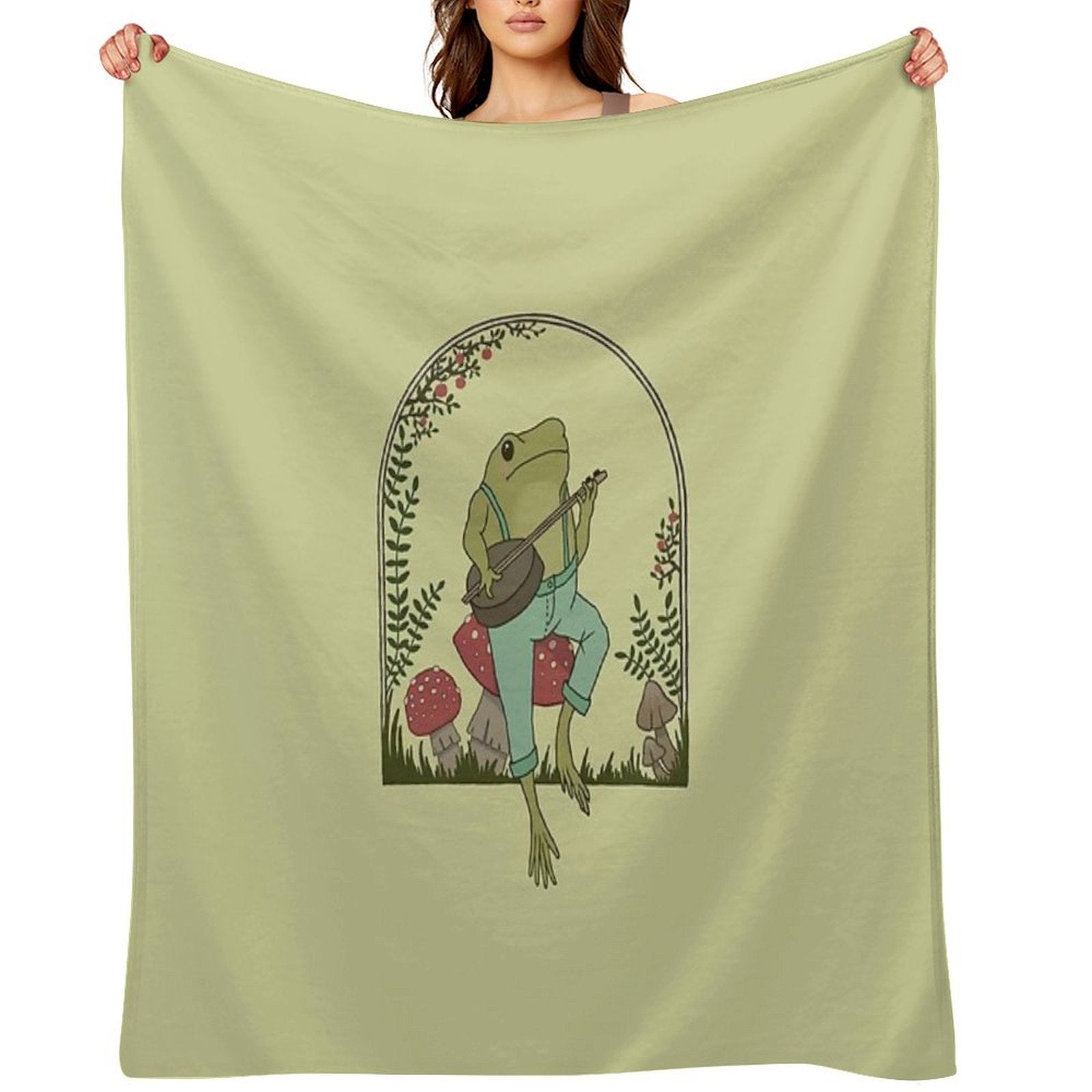 Cottagecore Aesthetic Frog Playing Banjo on Mushroom Cute Vintage Goblincore Farmer Toad in Garden, Emo Grunge Fairycore Plush Throw Blanket